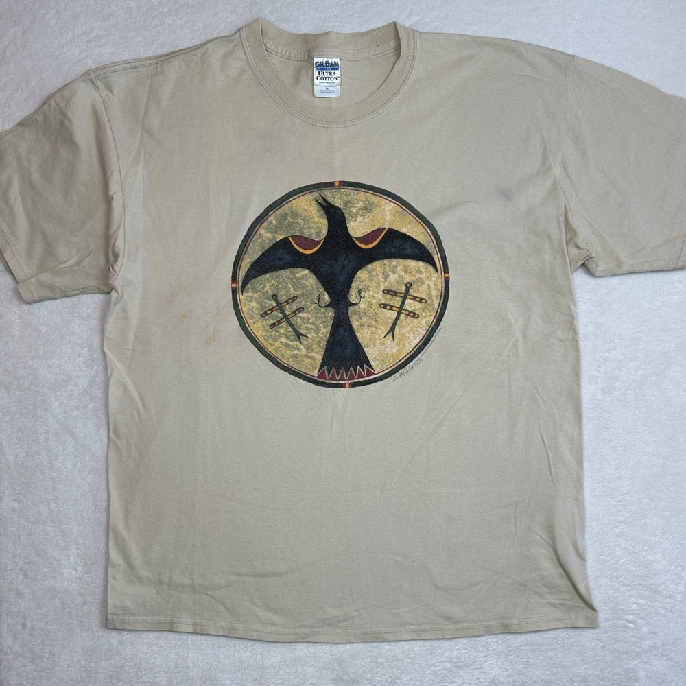 Gildan Ultra Cotton Mens XL T Shirt Native American Bird Art Graphic Tee Tan